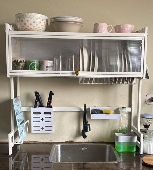 Escurridor organizador de platos con tapa de cocina metal cromado carbonizado resistente 85cm