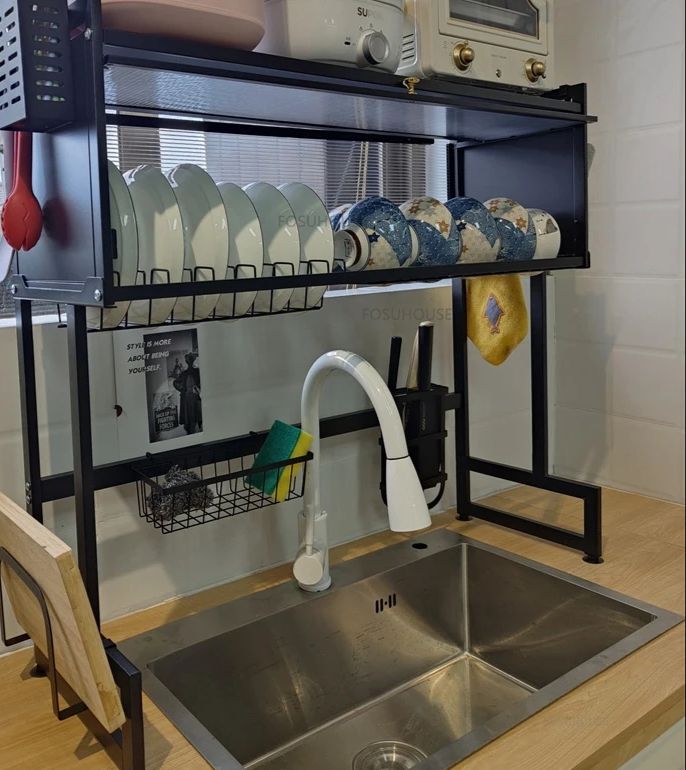 Escurridor organizador de platos con tapa de cocina metal cromado carbonizado resistente 85cm